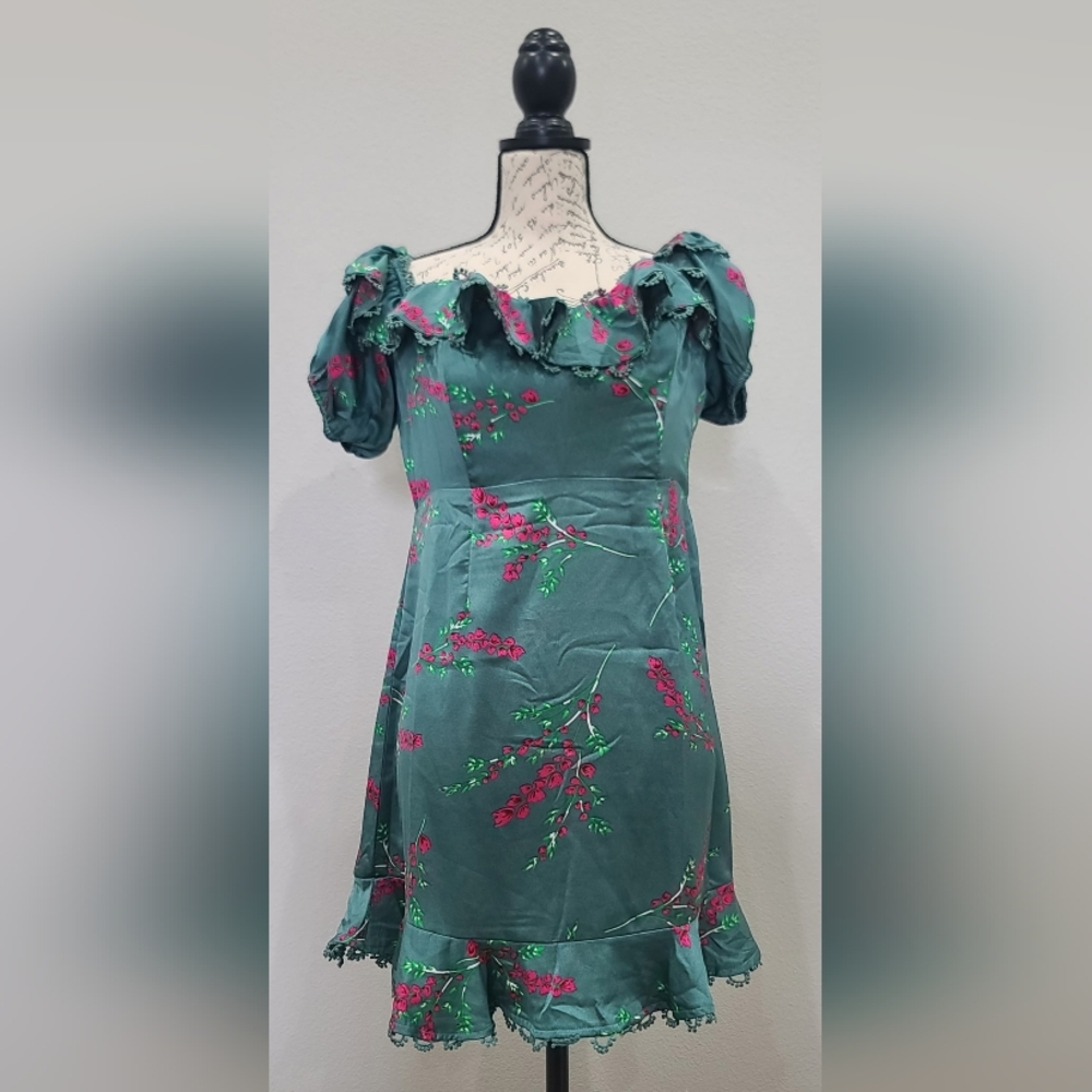 Selfie Leslie Teal Green Floral Ruffle Mini Dress with Pink Accents